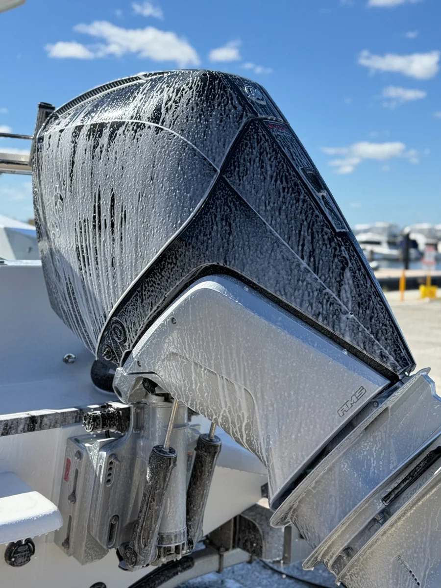 Engine bay detailing Perth WA — Mercury outboard foam wash treatment