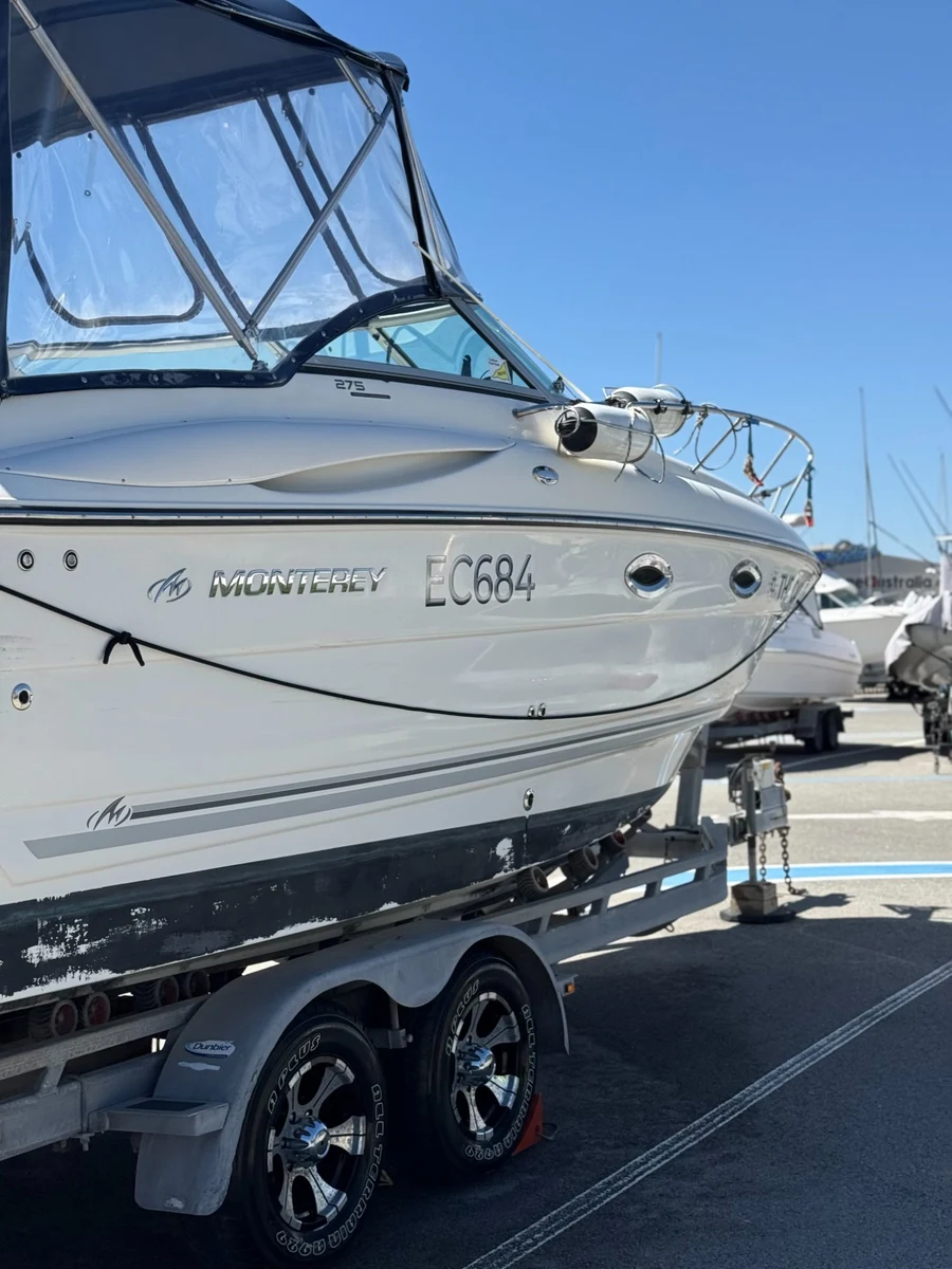 Exterior boat detailing Perth WA — Monterey hull detail at marina