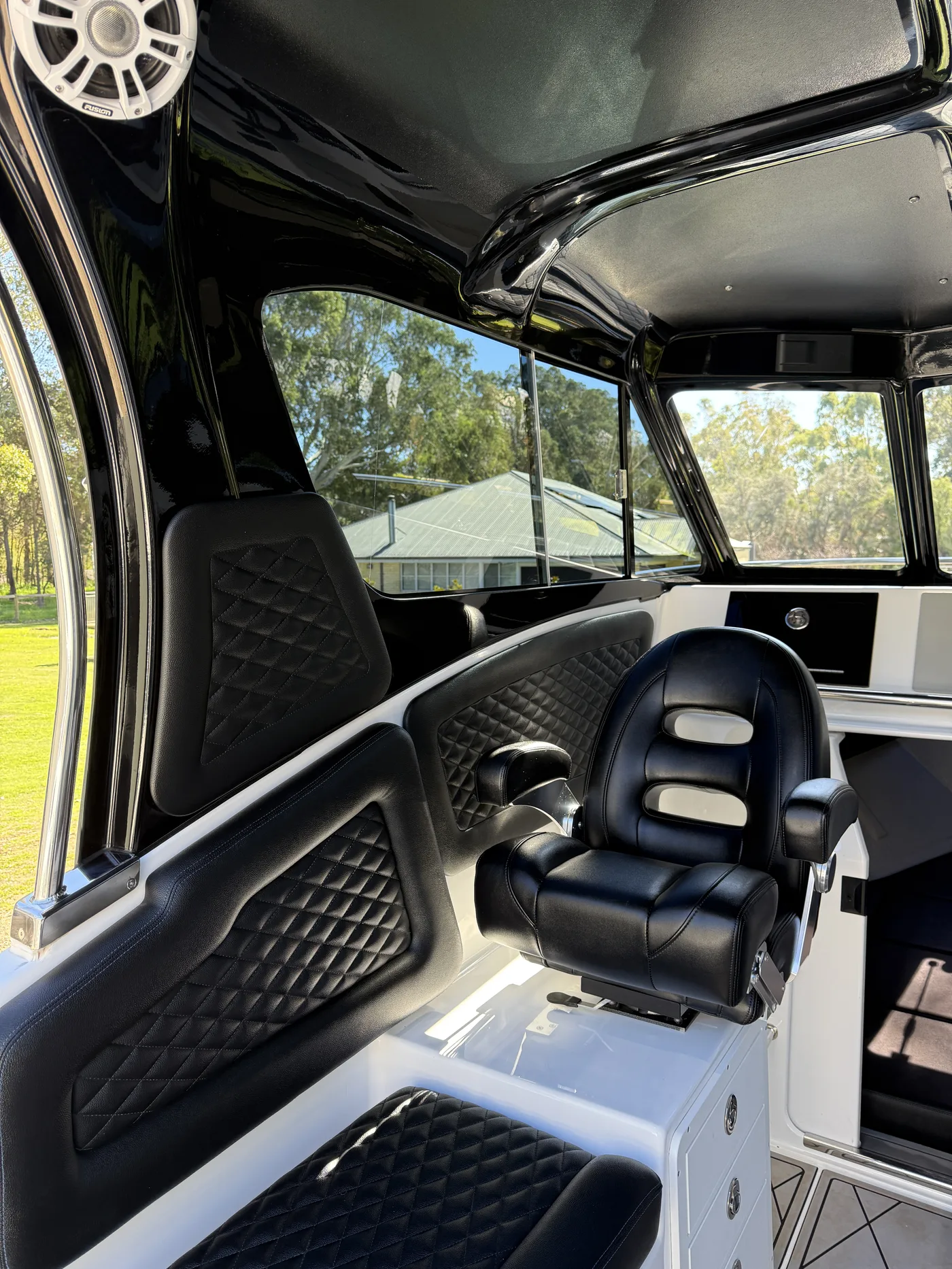 Boat interior detail Perth WA — diamond-stitched leather cabin cleaned and conditioned