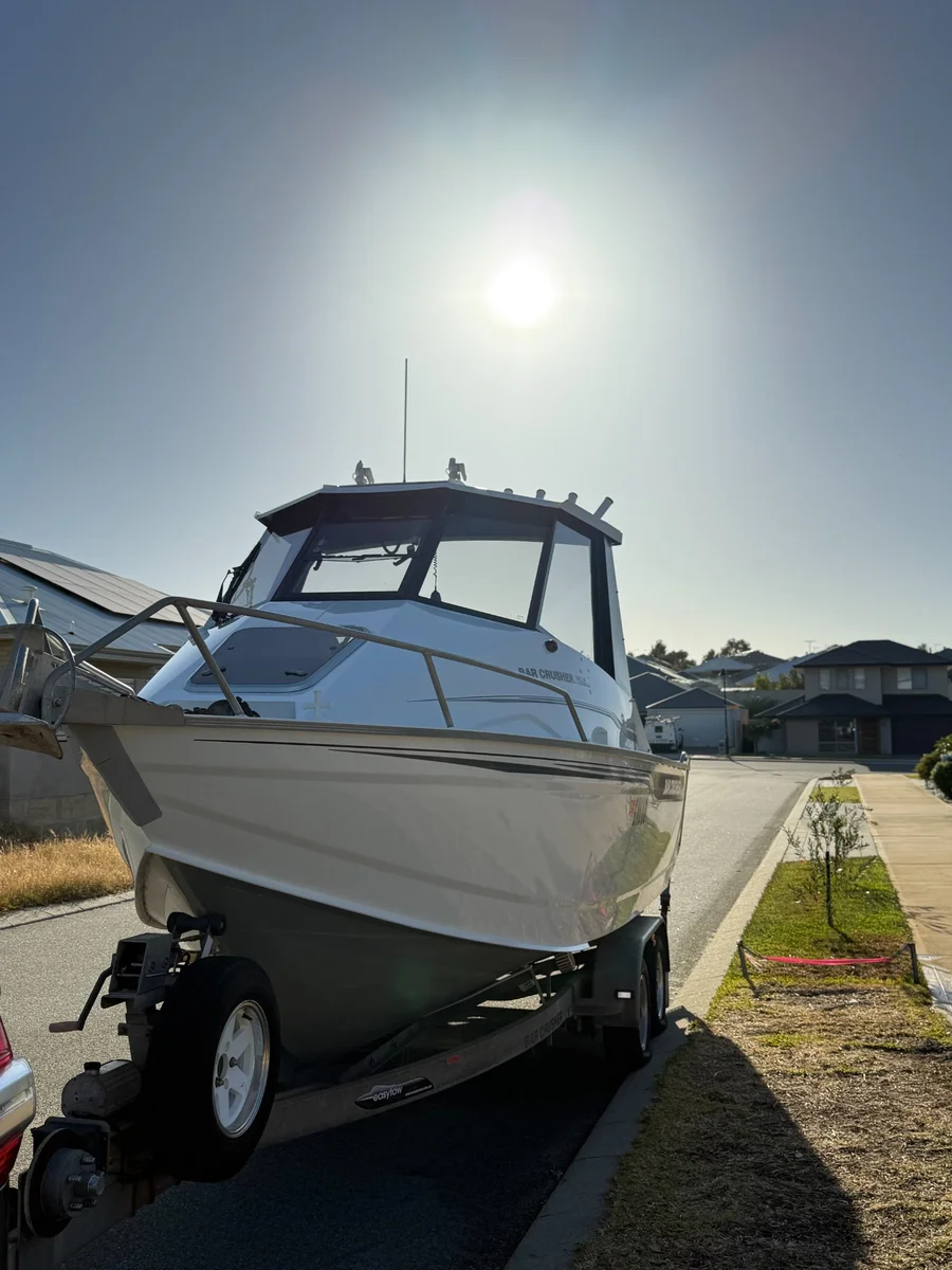 Pre-sale boat detailing Perth WA — Bar Crusher hardtop on driveway